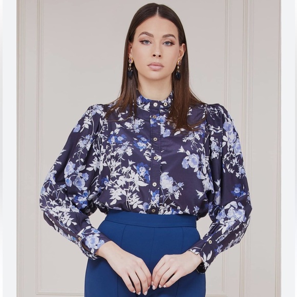 Marciano Floral 🌺 Pattern Silk Blouse with Balloon Sleeves - Size S - Picture 1 of 10